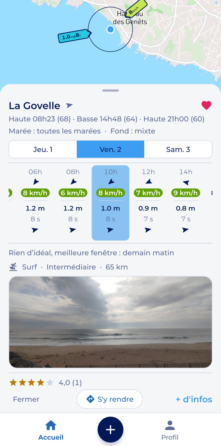 RideSeek ouvert sur le spot de La Govelle : la houle et le vent sur la carte, les marées avec leur coefficient, la frise heure par heure et une photo du spot